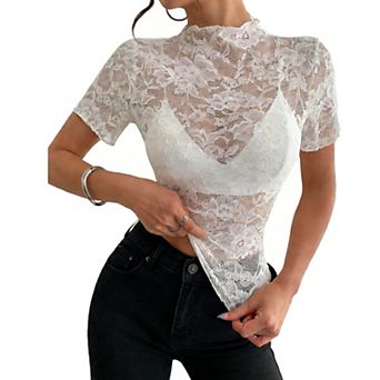 Women's Sheer Floral Lace Mock Neck Top Short Sleeve Slim-Fit Blouse Shirt for Parties & Events