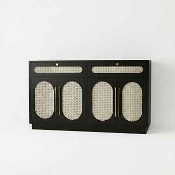 Farmhouse Rattan Buffet Sideboard with 4 Doors, 2 Drawers & Adjustable Shelf,Black