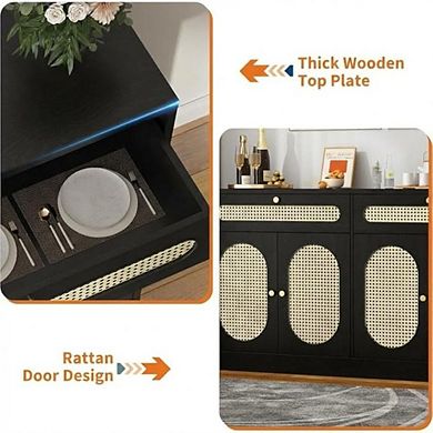 Farmhouse Rattan Buffet Sideboard with 4 Doors, 2 Drawers & Adjustable Shelf,Black