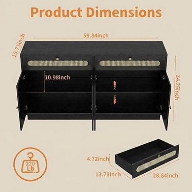 Farmhouse Rattan Buffet Sideboard with 4 Doors, 2 Drawers & Adjustable Shelf,Black
