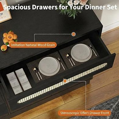 Farmhouse Rattan Buffet Sideboard with 4 Doors, 2 Drawers & Adjustable Shelf,Black