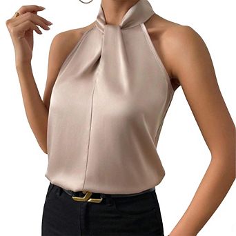 Women Satin Halter Neck Tank Top Sleeveless Tie Detail Blouse