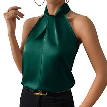 Women Satin Halter Neck Tank Top Sleeveless Tie Detail Blouse