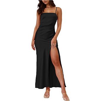 Women Satin Spaghetti Strap Maxi Dress Side Slit Elegant Dress