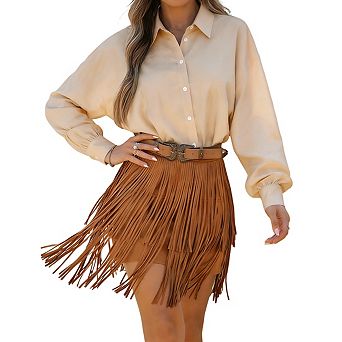 Women's High Waist Tiered Fringe Casual Mini Skirt with Layered