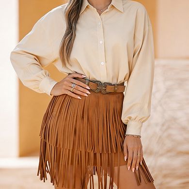 Women's High Waist Tiered Fringe Casual Mini Skirt with Layered