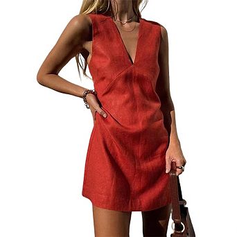 Women Sleeveless Mini Dress V-Neck Dress with Pockets