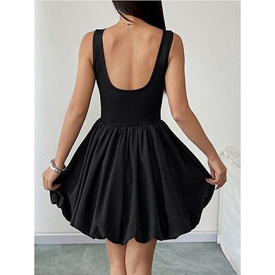 Women Sleeveless Ribbed Knit Bubble Hem Mini Dress Open Back Dress