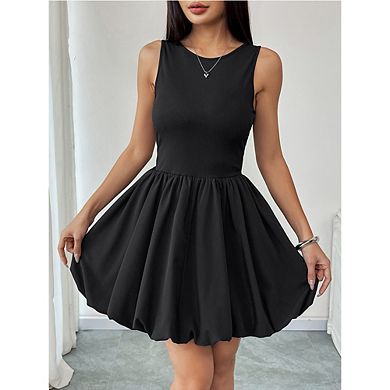 Women Sleeveless Ribbed Knit Bubble Hem Mini Dress Open Back Dress