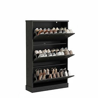 Fluted Shoe Cabinet with 3 Flip Drawers, Wooden Narrow Shoe Organizer with Adjustable Shelves