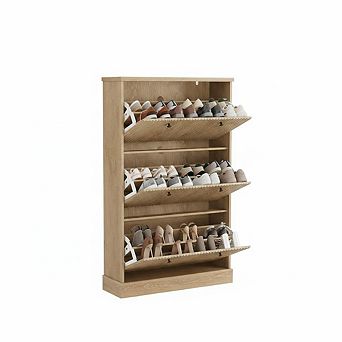 Fluted Shoe Cabinet with 3 Flip Drawers, Wooden Narrow Shoe Organizer with Adjustable Shelves