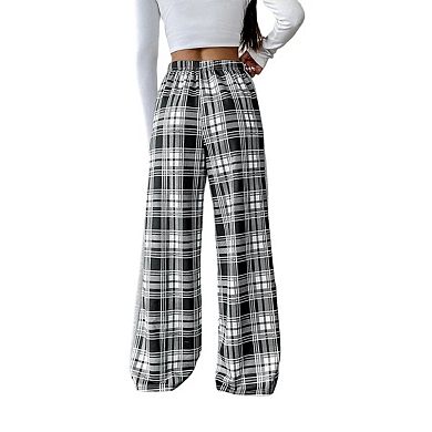 Women's Gingham Pants Plaid Casual Pajama Drawstring Wide Leg Sweatpants Long Trousers with Pockets