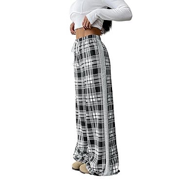 Women's Gingham Pants Plaid Casual Pajama Drawstring Wide Leg Sweatpants Long Trousers with Pockets