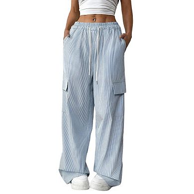 Women's Striped Wide Leg Low Rise Linen Pants Drawstring Elastic Waist Long Trousers with Pockets