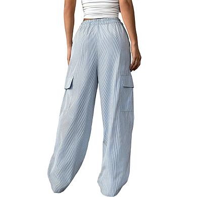 Women's Striped Wide Leg Low Rise Linen Pants Drawstring Elastic Waist Long Trousers with Pockets