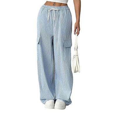 Women's Striped Wide Leg Low Rise Linen Pants Drawstring Elastic Waist Long Trousers with Pockets