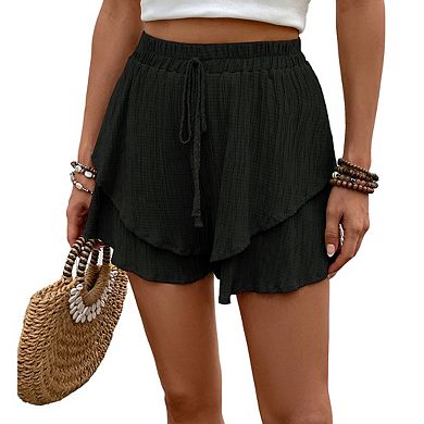 Women's Shorts Elastic Waist Drawstring Ruffled Layered Casual Summer Shorts