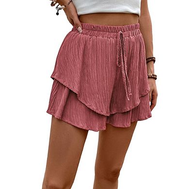 Women's Shorts Elastic Waist Drawstring Ruffled Layered Casual Summer Shorts