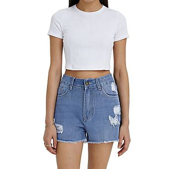 Women's High Waist Distressed Denim Shorts with Raw Hem and Classic Pockets