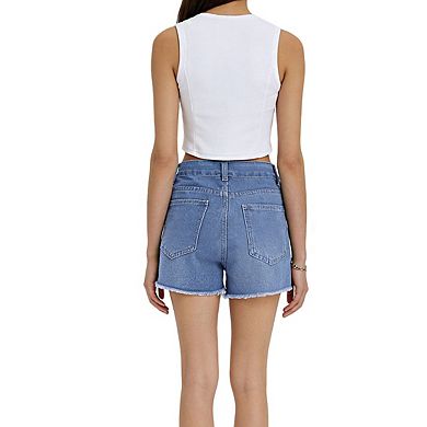 Women's High Waist Distressed Denim Shorts with Raw Hem and Classic Pockets