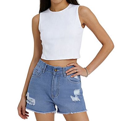 Women's High Waist Distressed Denim Shorts with Raw Hem and Classic Pockets