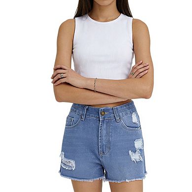 Women's High Waist Distressed Denim Shorts with Raw Hem and Classic Pockets