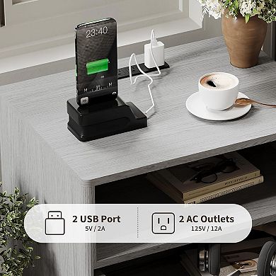 Fluted Nightstand with Charging Station, Modern Bedside Table with 2 Drawers and Open Shelf