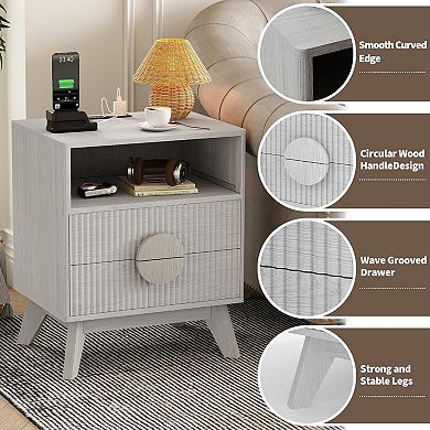 Fluted Nightstand with Charging Station, Modern Bedside Table with 2 Drawers and Open Shelf