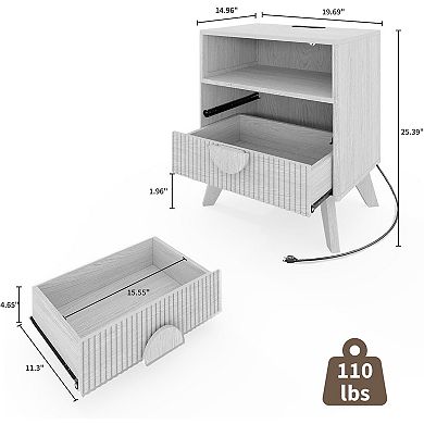 Fluted Nightstand with Charging Station, Modern Bedside Table with 2 Drawers and Open Shelf