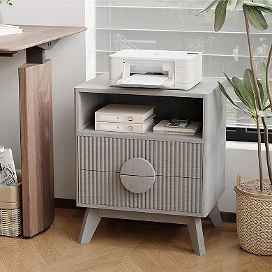 Fluted Nightstand with Charging Station, Modern Bedside Table with 2 Drawers and Open Shelf