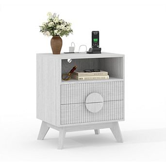 Fluted Nightstand with Charging Station, Modern Bedside Table with 2 Drawers and Open Shelf