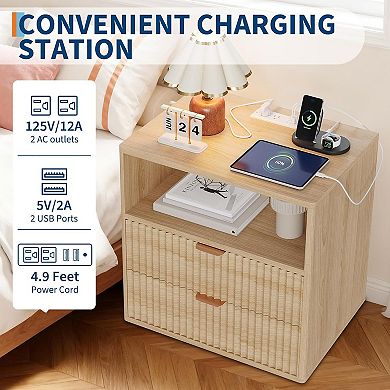 Fluted Bedside Table with Charging Station, 23" Nightstand with 2 Drawers