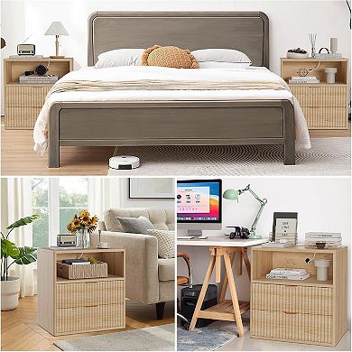 Fluted Bedside Table with Charging Station, 23" Nightstand with 2 Drawers