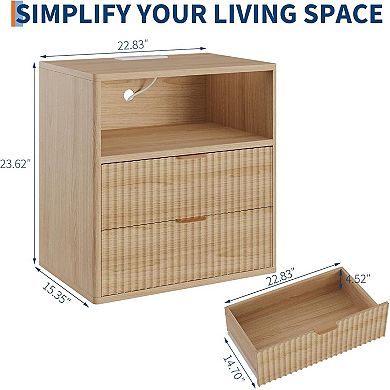 Fluted Bedside Table with Charging Station, 23" Nightstand with 2 Drawers