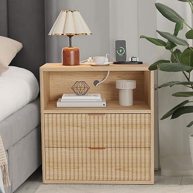 Fluted Bedside Table with Charging Station, 23" Nightstand with 2 Drawers