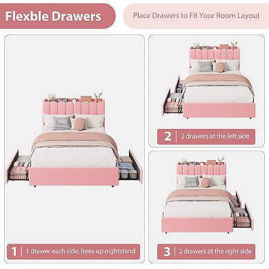 LED Bed Frame with Storage Headboard and 2 Drawers, No Box Spring Needed