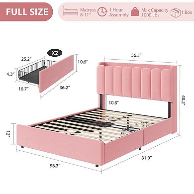 LED Bed Frame with Storage Headboard and 2 Drawers, No Box Spring Needed