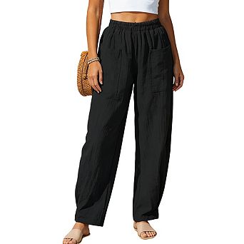 Womens Elastic Waist Side Pockets Relaxed Casual High Waist Loose Fit Pants Long Trousers