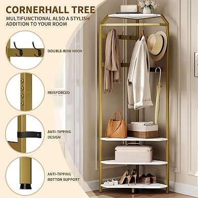 Corner Hall Tree With Shoe Bench,4-Tier Entryway Coat Rack With Hook,Shoe Rack,Wood Clothes Rack