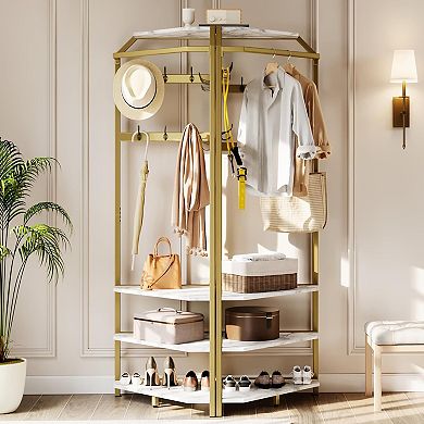 Corner Hall Tree With Shoe Bench,4-Tier Entryway Coat Rack With Hook,Shoe Rack,Wood Clothes Rack