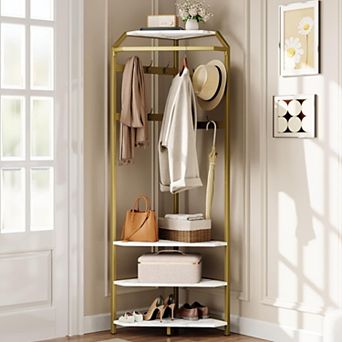 Corner Hall Tree With Shoe Bench,4 tier Entryway Coat Rack With Hook,Shoe Rack,Wood Clothes Rack