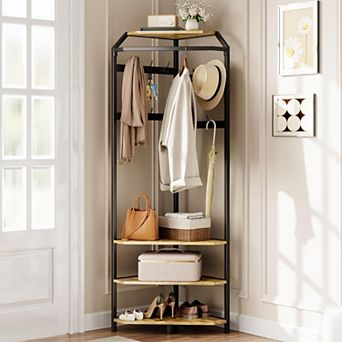 Corner Hall Tree With Shoe Bench,4 tier Entryway Coat Rack With Hook,Shoe Rack,Wood Clothes Rack