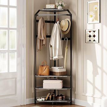 Corner Hall Tree With Shoe Bench,4 tier Entryway Coat Rack With Hook,Shoe Rack,Wood Clothes Rack