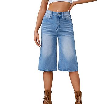 Women Jean Shorts High Waisted Jorts Baggy Stretchy Denim Long Knee Length Casual Summer Short