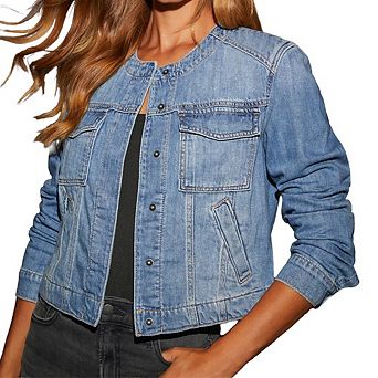 Women Jean Jacket Button Down Crew Neck Long Sleeves Casual Denim Jackets with Pocket