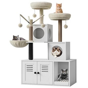 Cat Tree with Litter Cover,Modern Multi-Level Tower Condo Toilet Furniture,Cat Play House