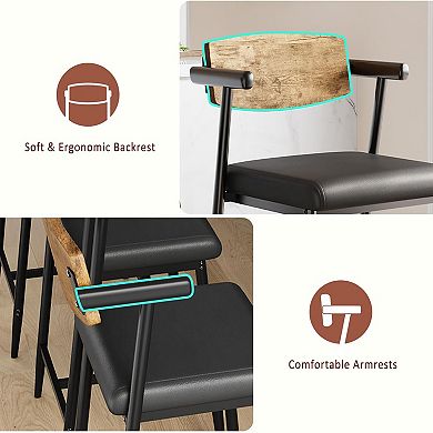 26"" Counter Height Bar Stools Set of 2 with Arms & Wooden Backrest, Comfortable Chairs