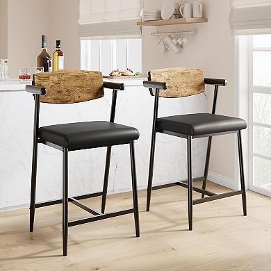 26"" Counter Height Bar Stools Set of 2 with Arms & Wooden Backrest, Comfortable Chairs