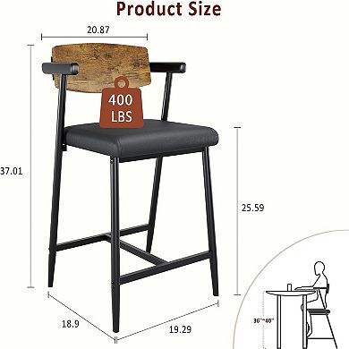 26"" Counter Height Bar Stools Set of 2 with Arms & Wooden Backrest, Comfortable Chairs
