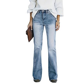 Women's High Waist Flared Leg Denim Jeans Button Casual Distressed Hem Long Pants